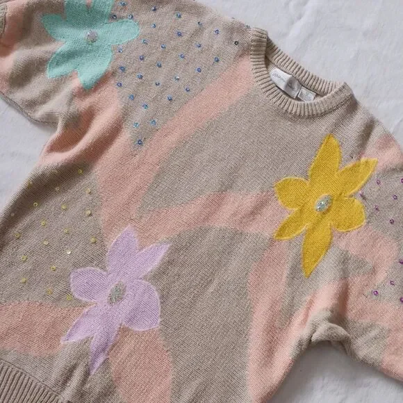 Sweet 80s floral intarsia sequined longline sweater‎ - Picture 6 of 8